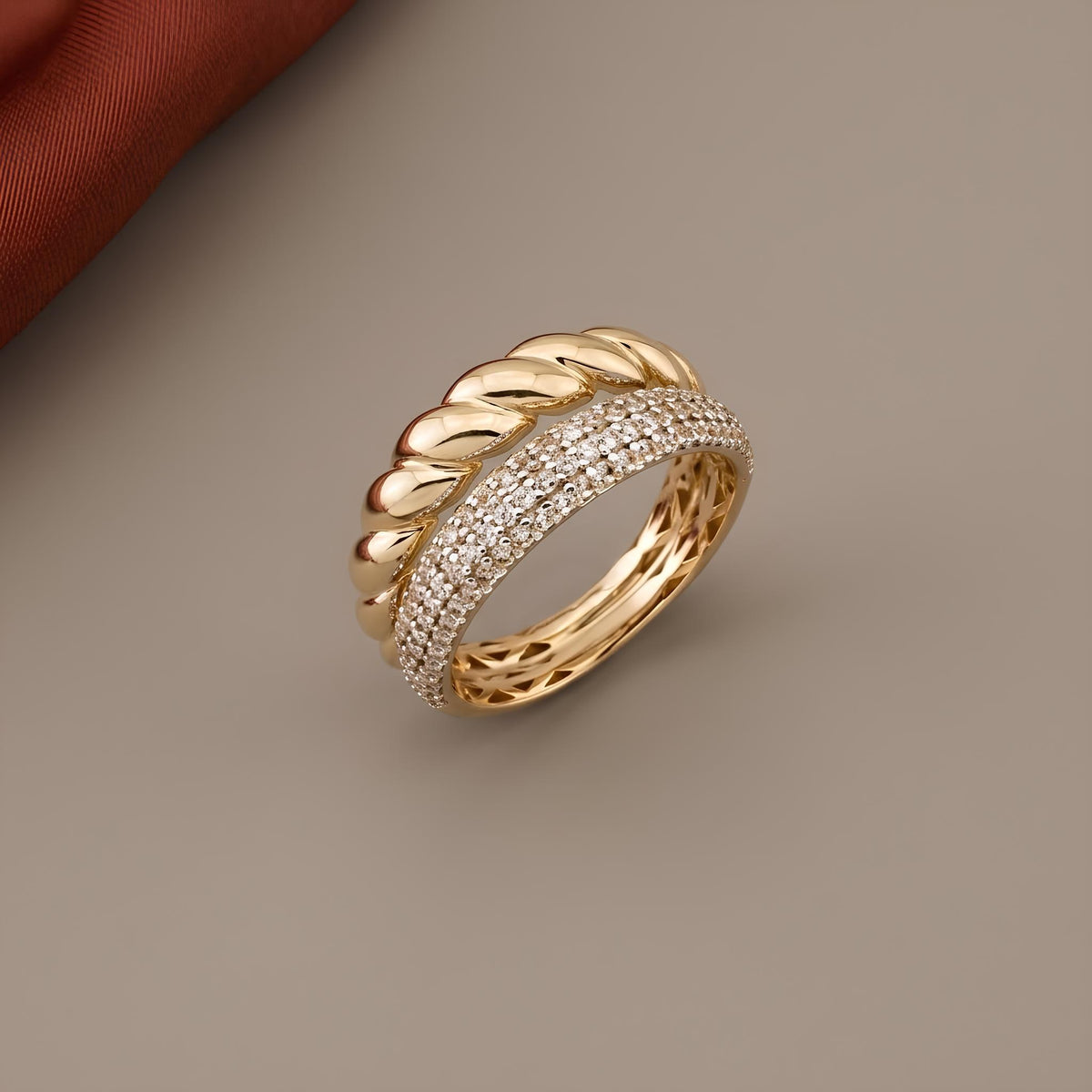 14K / 18K Solid Gold Pave Twisted Band Ring