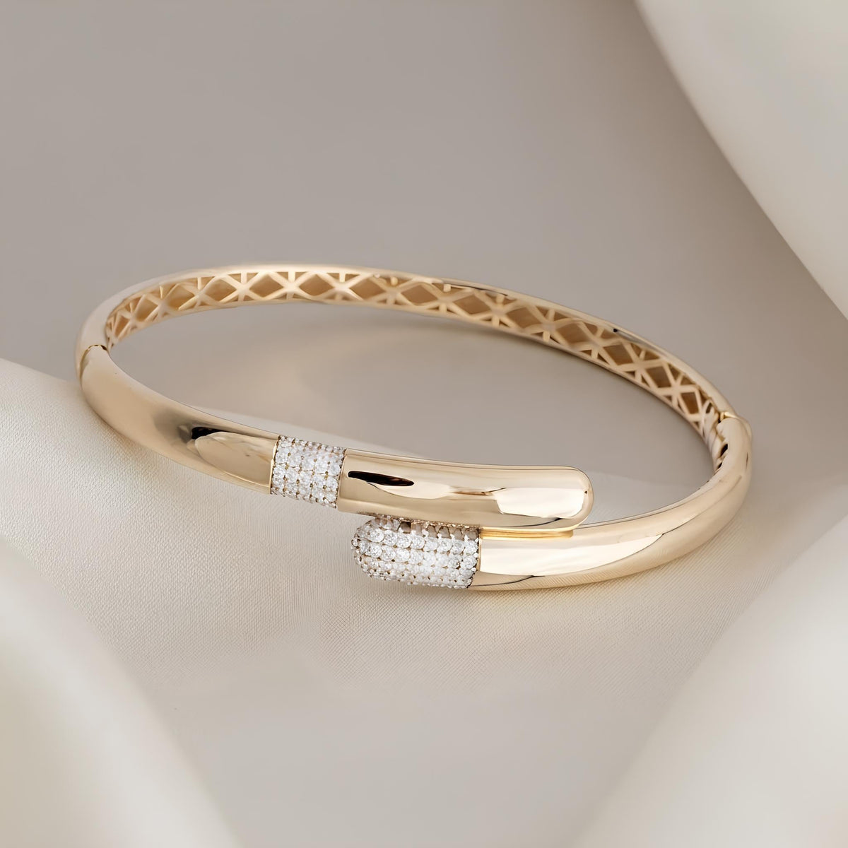 14K / 18K Solid Gold Pavé Zircon Bypass Bangle