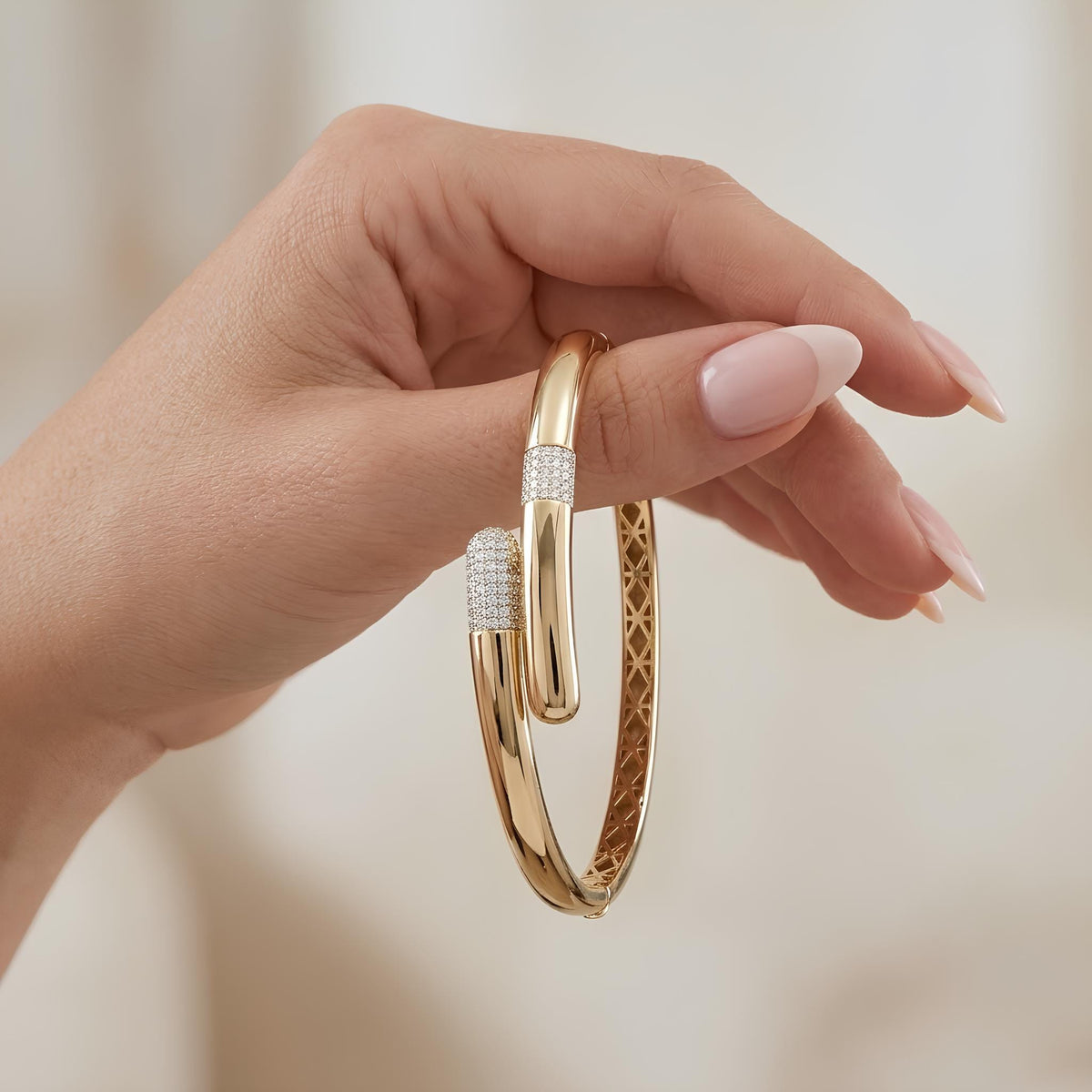 14K / 18K Solid Gold Pavé Zircon Bypass Bangle