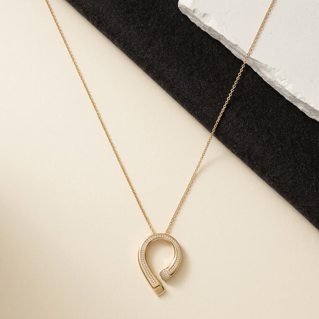 14K / 18K Solid Gold Pave Horseshoe Necklace
