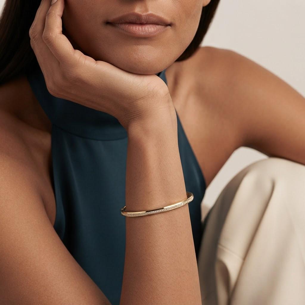 14K / 18K Solid Gold Pavé Zircon Slim Bangle