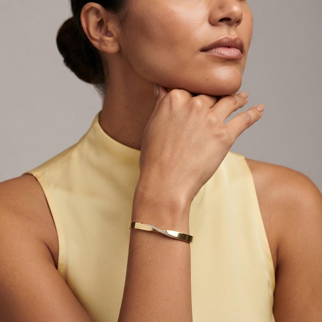 14K / 18K Solid Gold Twisted Pave Bangle