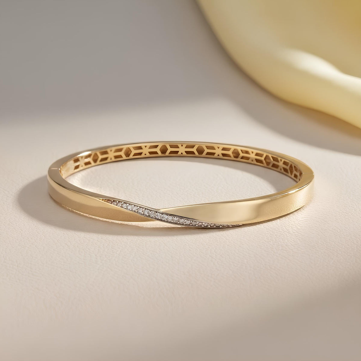 14K / 18K Solid Gold Twisted Pave Bangle