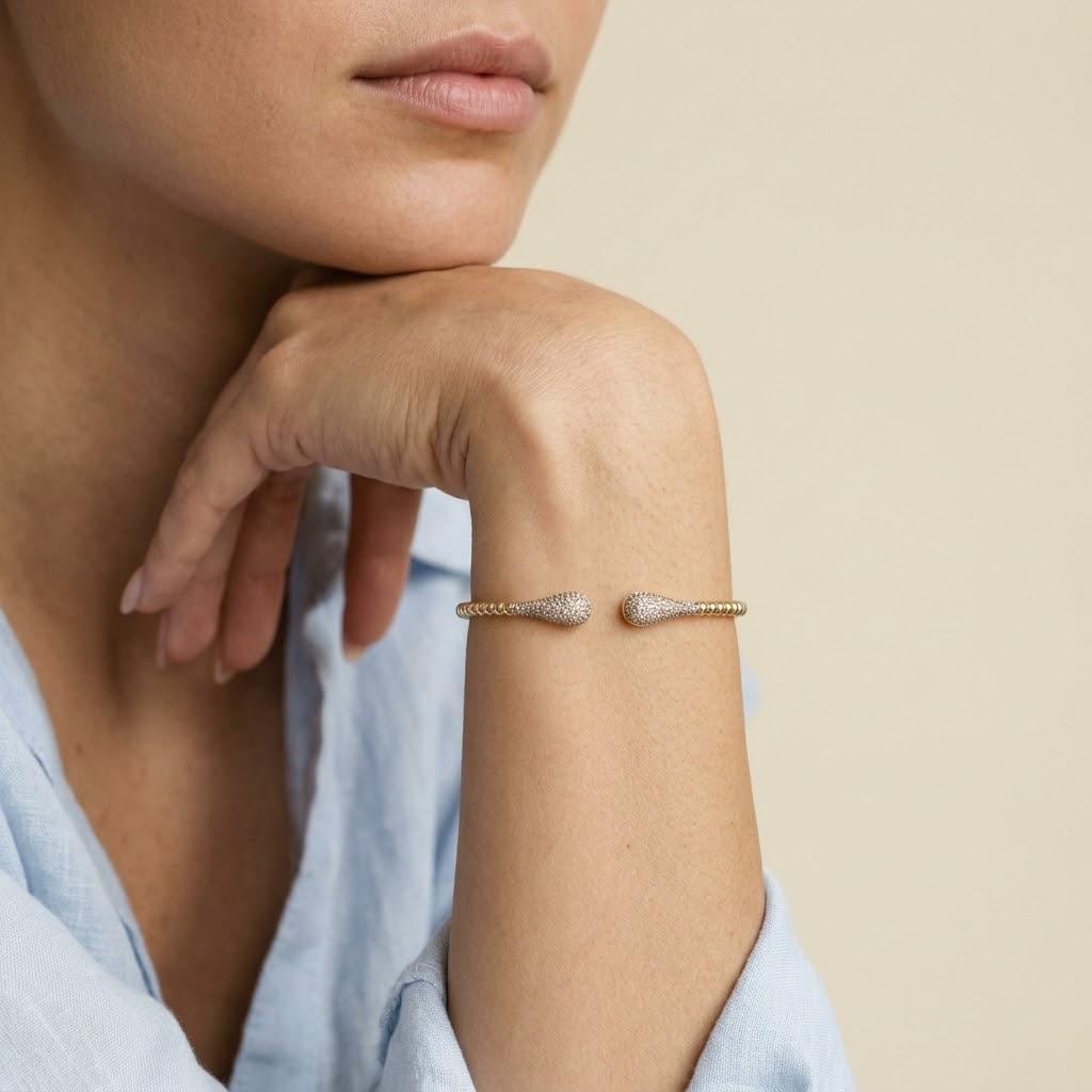 14K / 18K Solid Gold Pave Teardrop Bangle