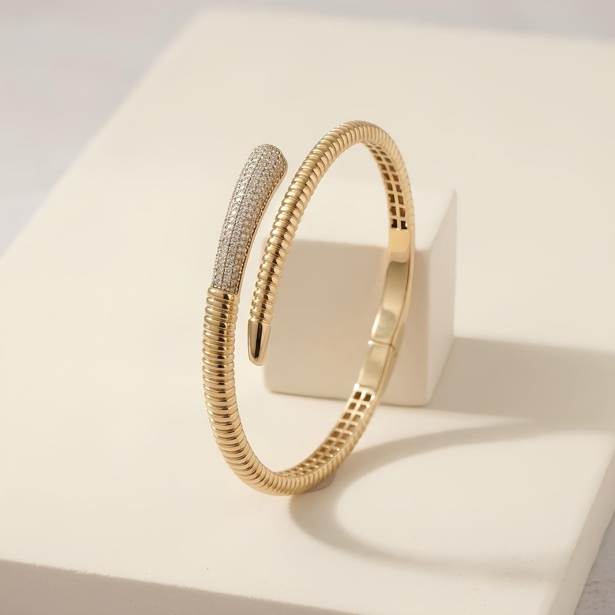 14K / 18K Solid Gold Zircon Bypass Bangle