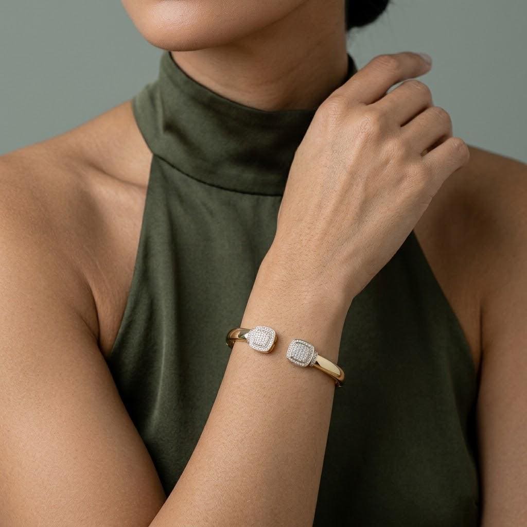 14K / 18K Solid Gold Cushion Halo Zircon Bangle