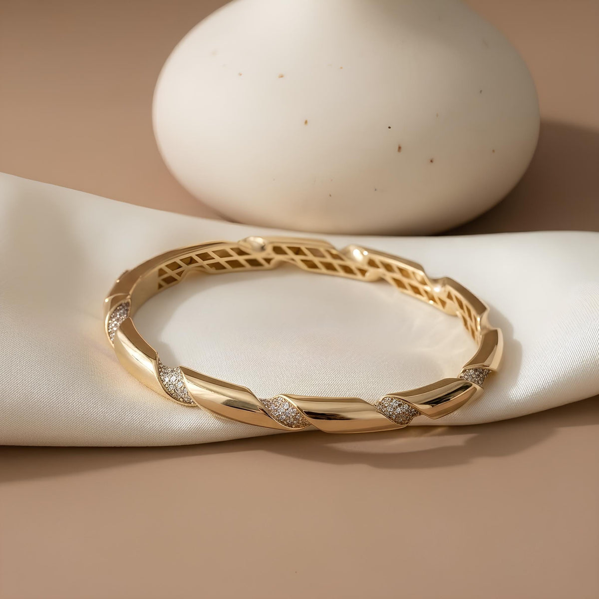14K / 18K Solid Gold Twisted Pave Zircon Bangle