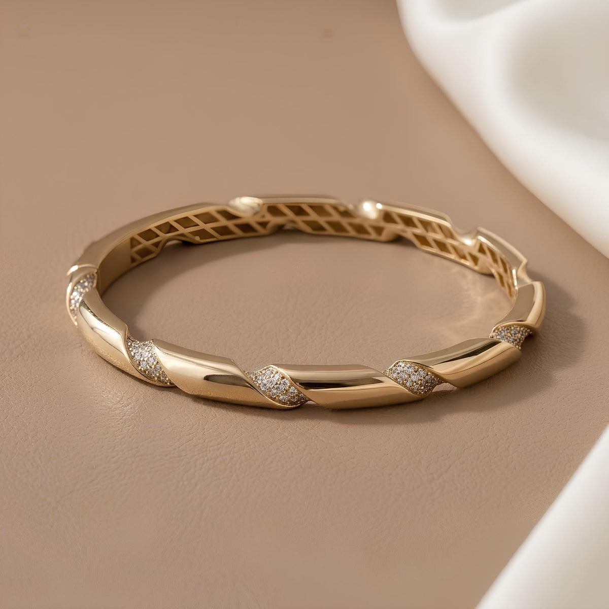 14K / 18K Solid Gold Twisted Pave Zircon Bangle