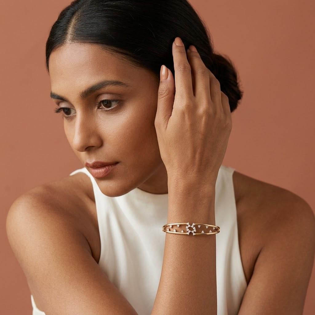 14K Solid Gold Multi-Row Scattered Zircon Bangle