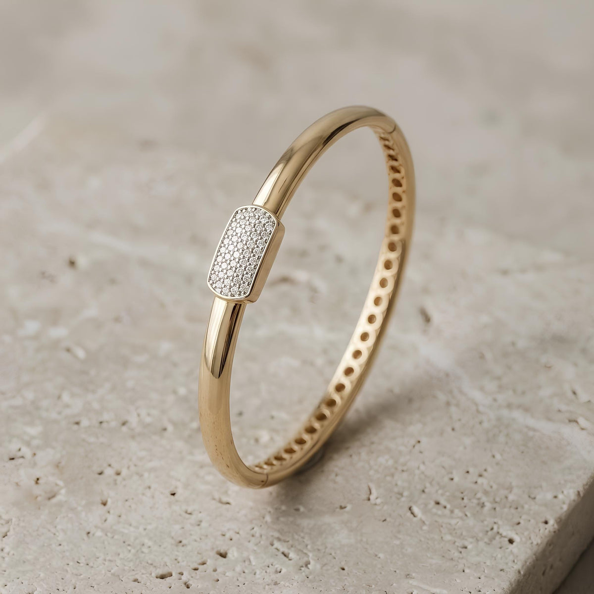 14K / 18K Solid Gold Pave Bar Bangle
