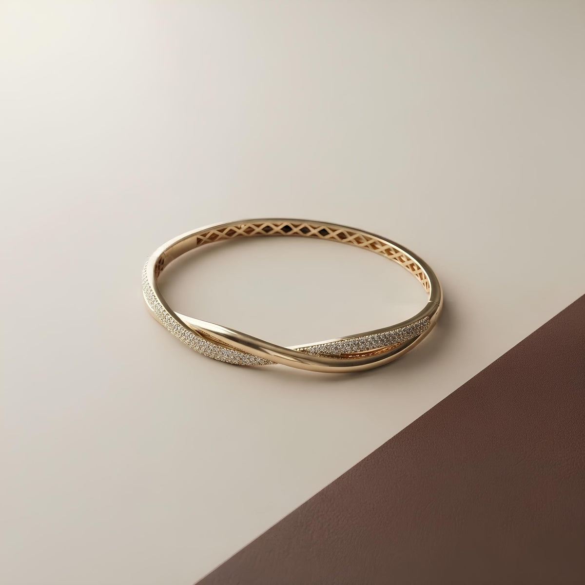 14K / 18K Solid Gold Twisted Pave Bangle