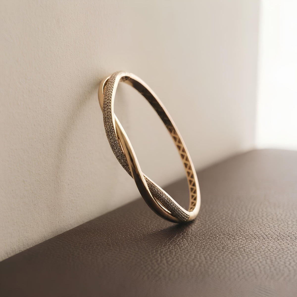 14K / 18K Solid Gold Twisted Pave Bangle