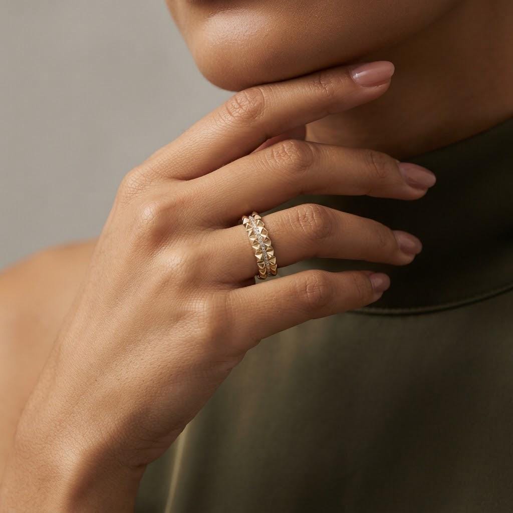 14K / 18K Solid Gold Pave Spike Band Ring