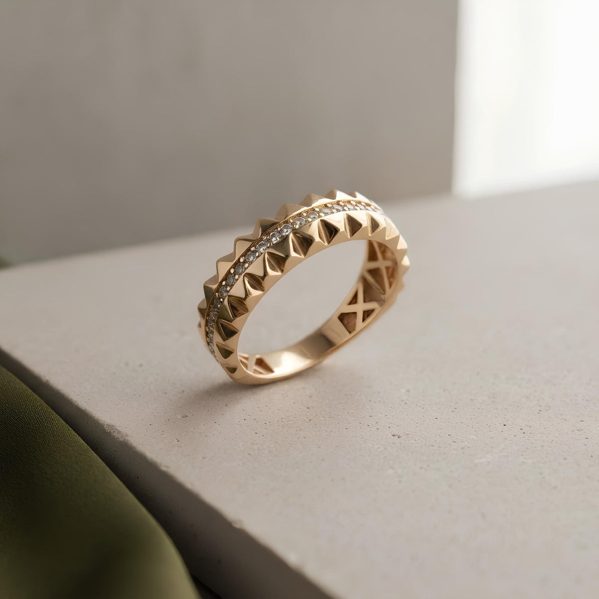 14K / 18K Solid Gold Pave Spike Band Ring