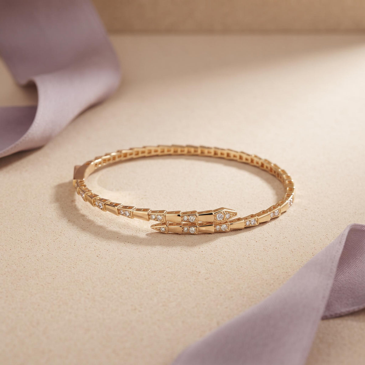 14K / 18K Solid Gold Pave Snake Bangle