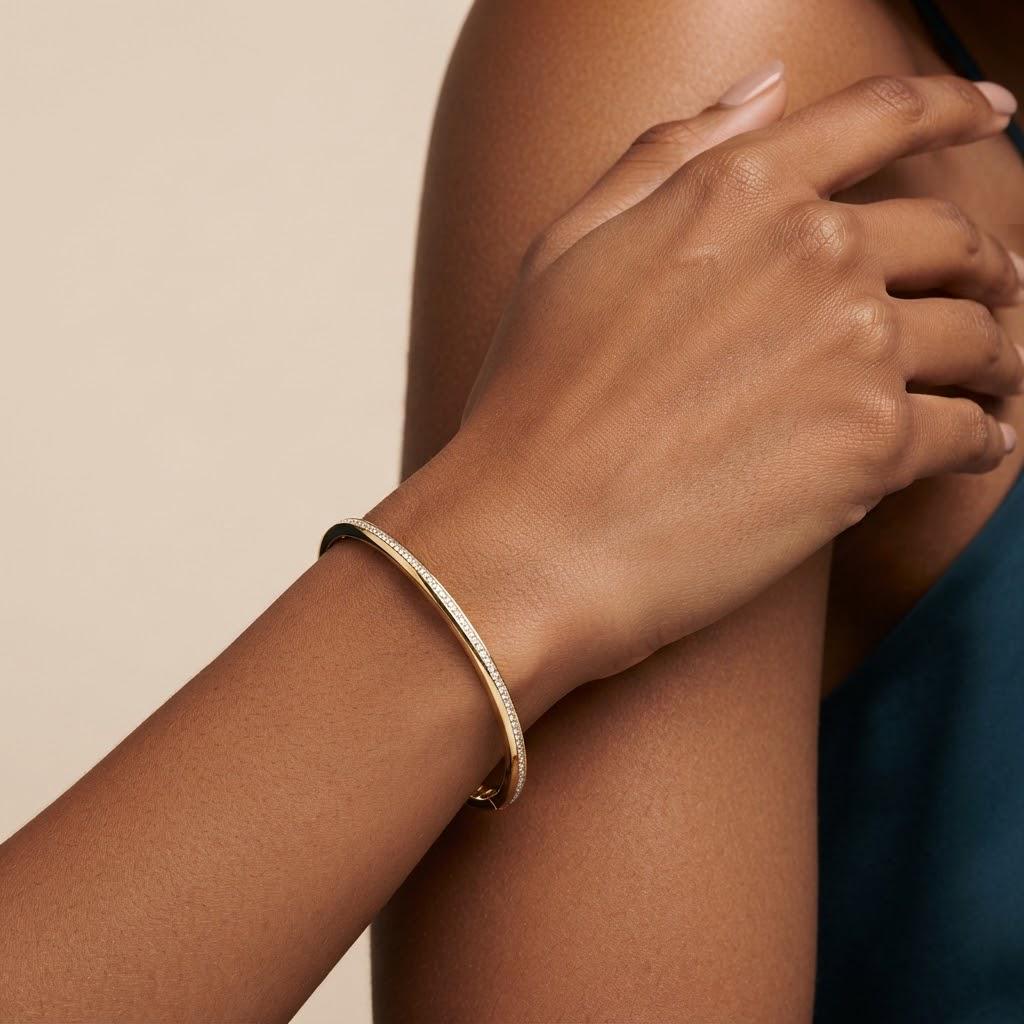 14K / 18K Solid Gold Pavé Zircon Slim Bangle