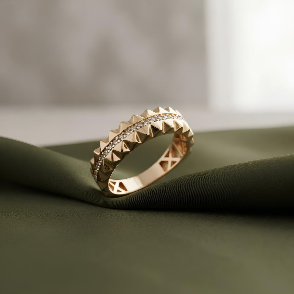 14K / 18K Solid Gold Pave Spike Band Ring