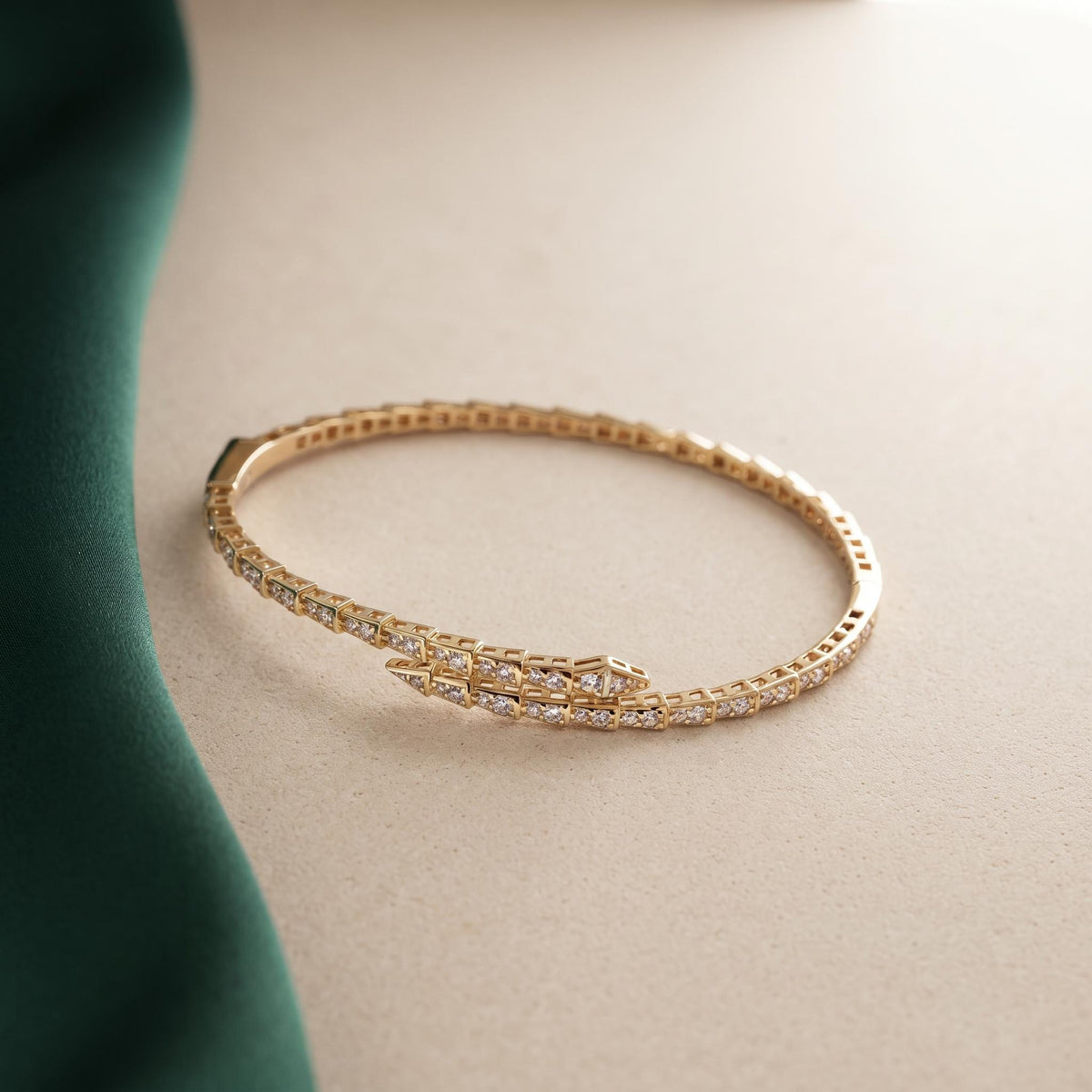 14K / 18K Solid Gold Pave Snake Bangle