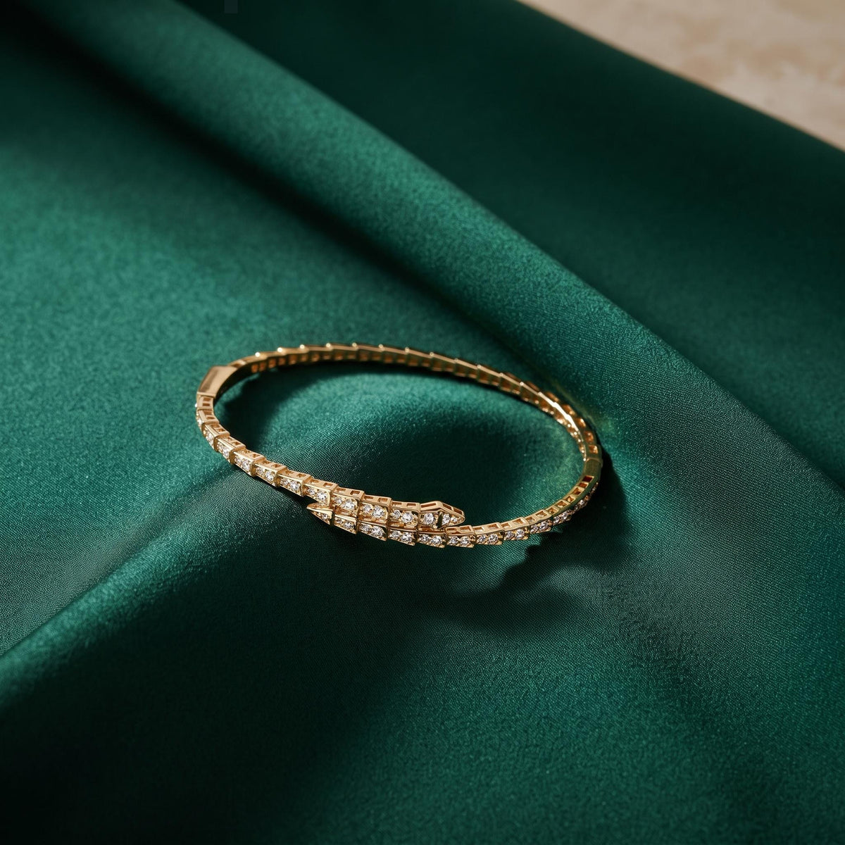 14K / 18K Solid Gold Pave Snake Bangle